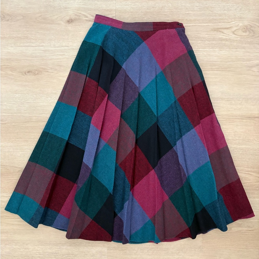 Vintage Y2K Multicolor Plaid A-Line Midi wool Skirt